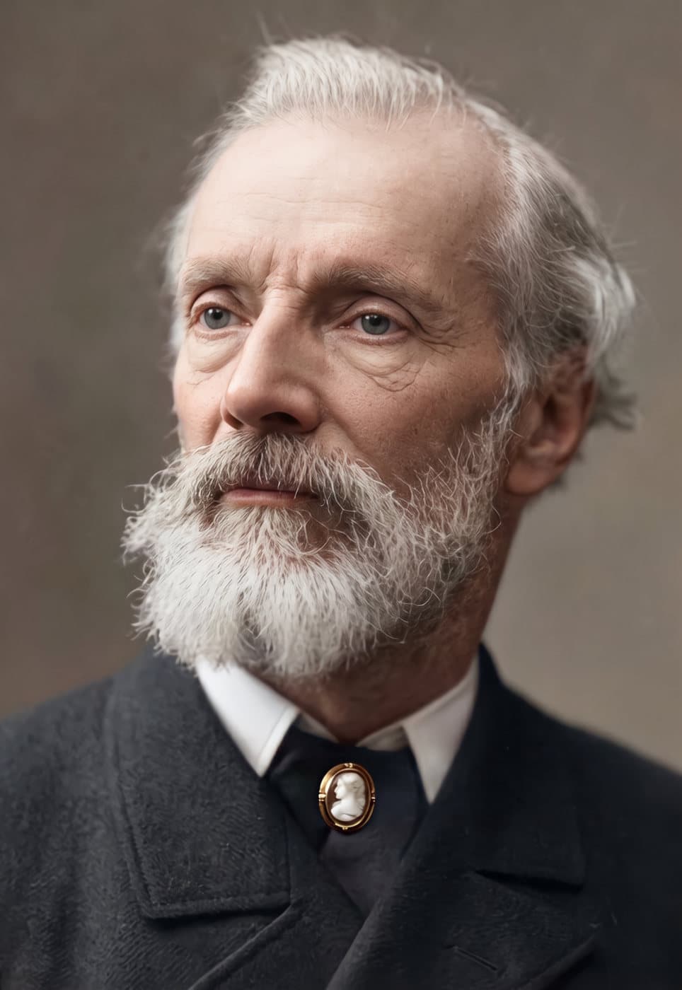 A 19th-century sepia portrait of a bearded man with a crack across his face, restored and colorized
