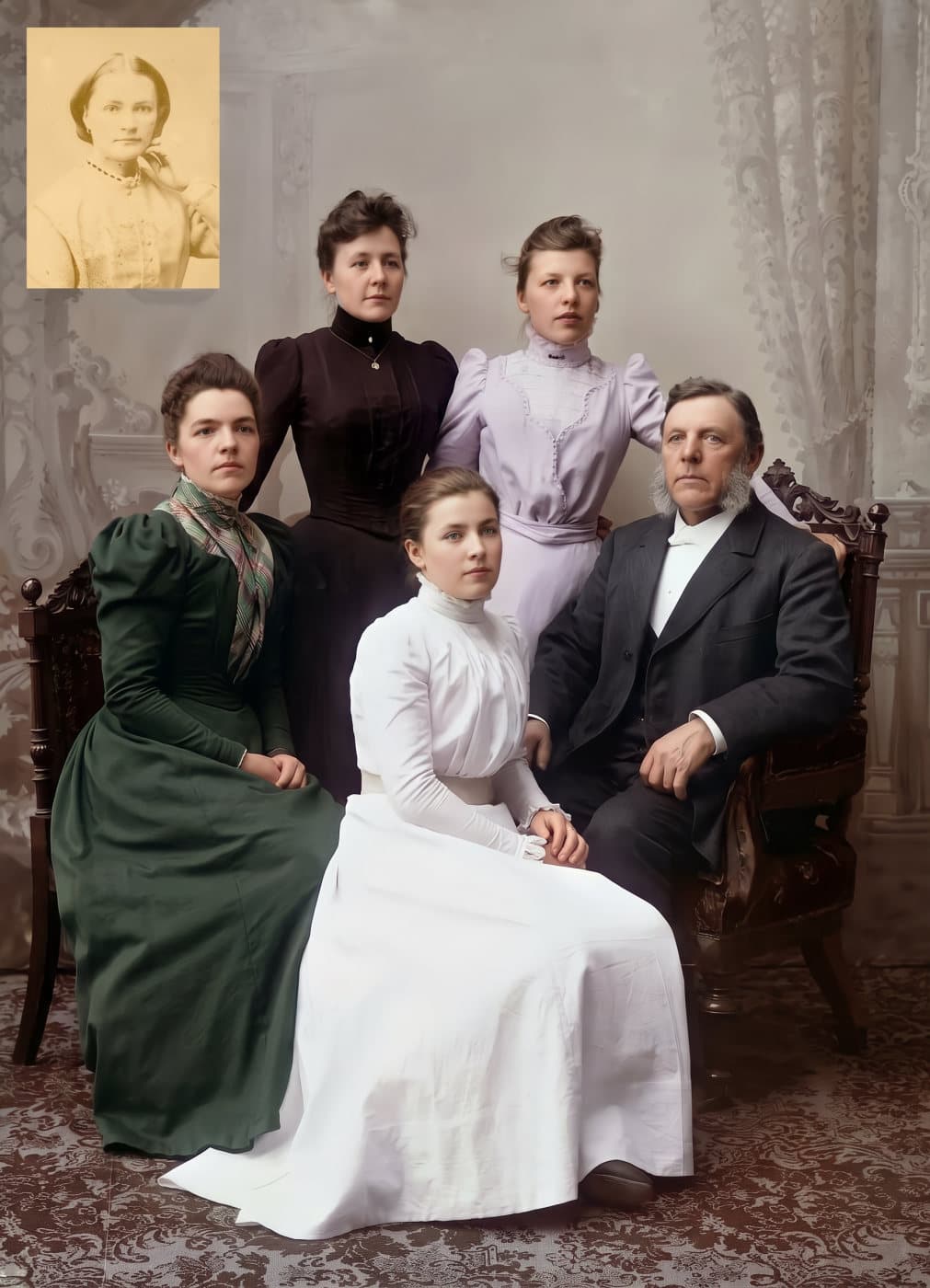 An 1870s family portrait of five women and a man, with flaking damage across three faces, restored and colorized