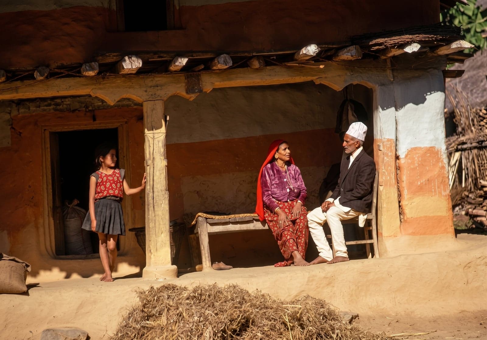A colour slide of a family outside a clay house in Sikkim, upscaled