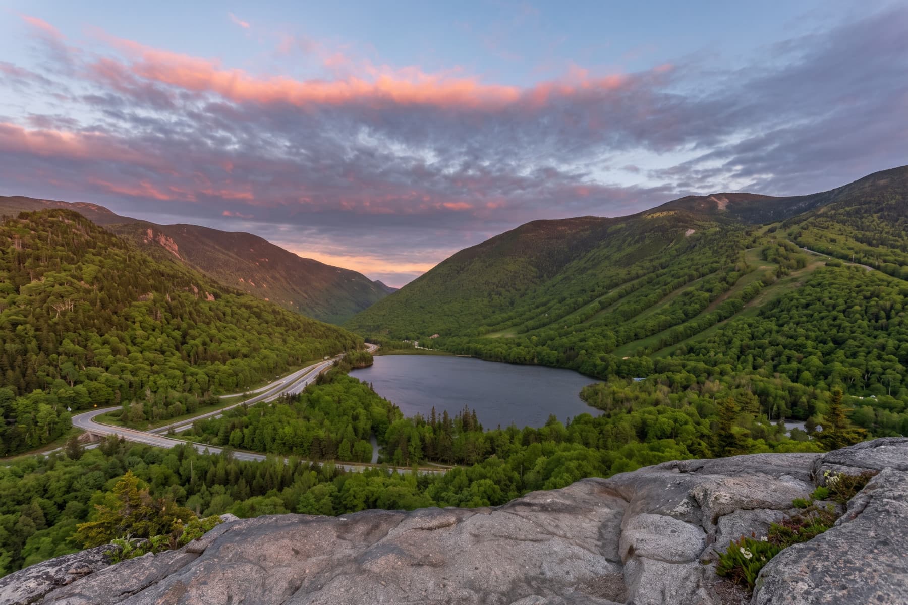 A mountain lake below a pink sunset, delivered as a 6 by 4 inch landscape print