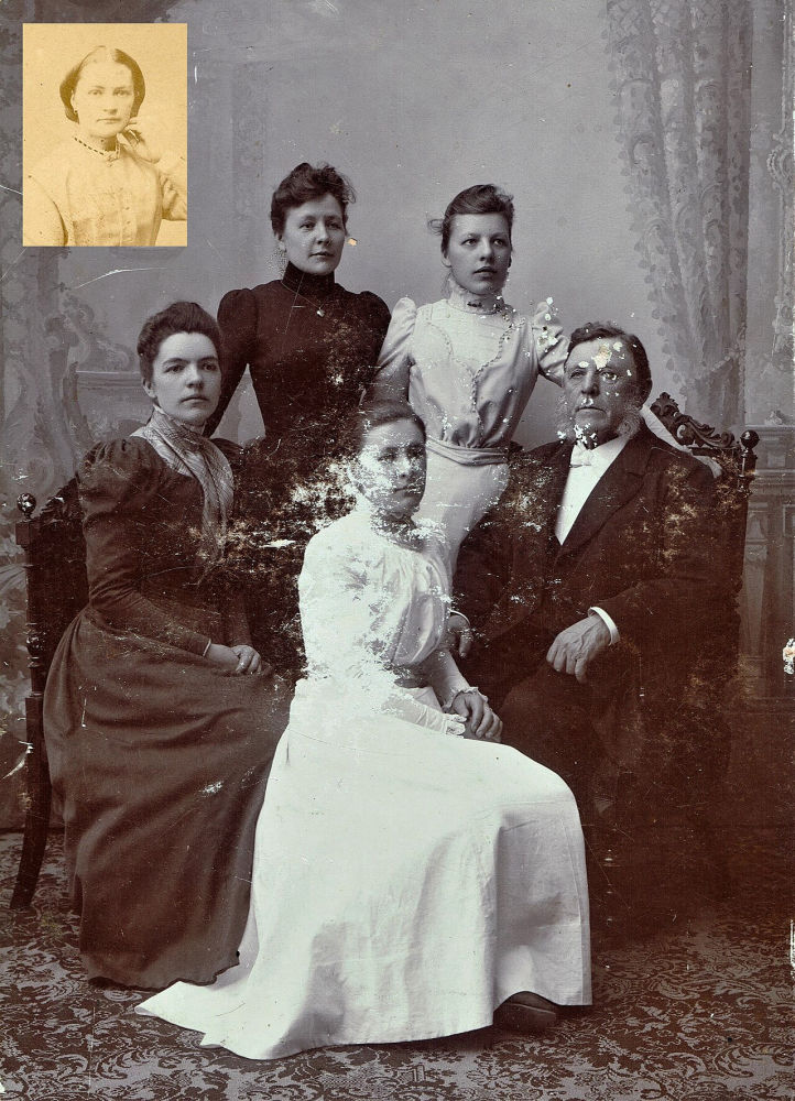 An 1870s family portrait of five women and a man, with flaking damage across three faces, before restoration